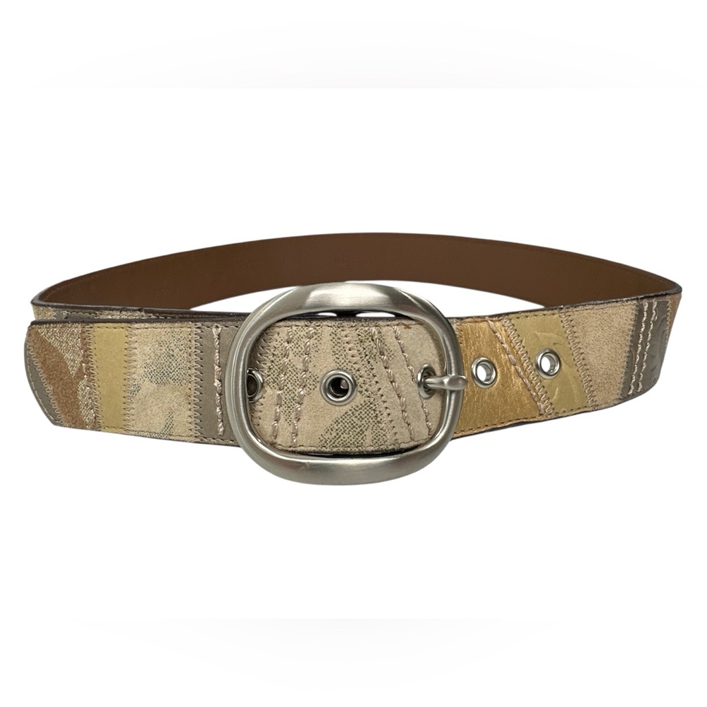 Fossil Genuine Leather Castille Patchwork Belt Oval Buckle Neutral Brown Tan S